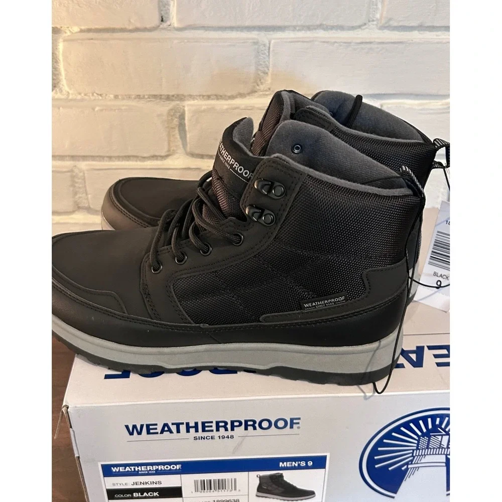 NWT Weatherproof Jenkins Mens 9 Black Mid Top Memory Foam Hiking Boots Atheisure
